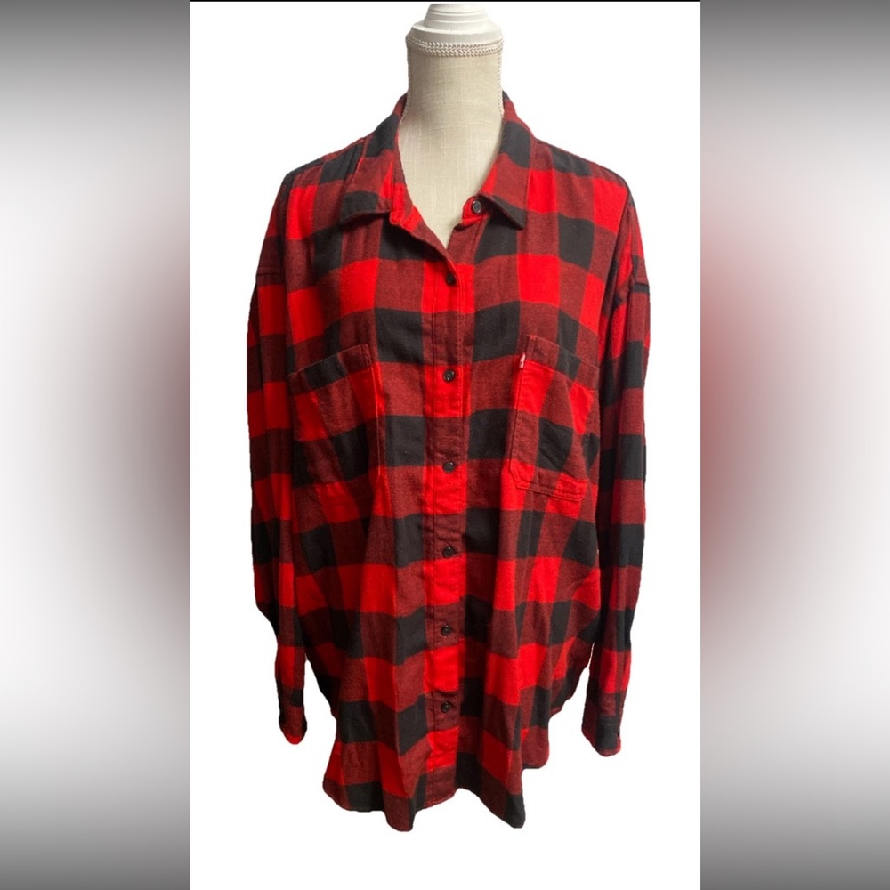 Levis Womens Flannel Boyfriend Shirt Button Down Buffalo Plaid Red Black Sz XXL